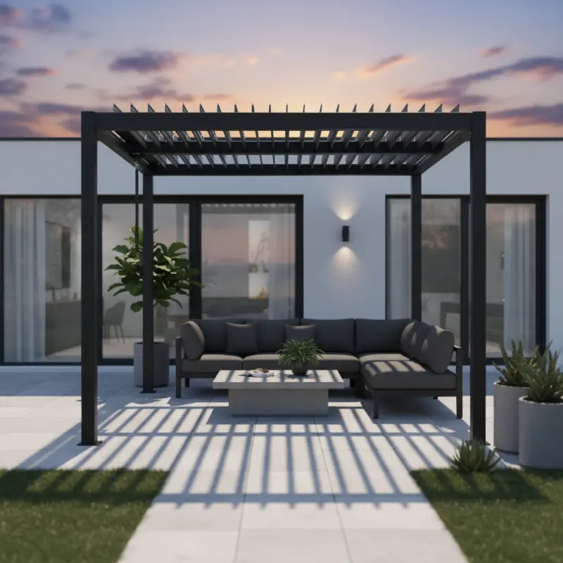 Pergola moderne avec salon extérieur au coucher du soleil